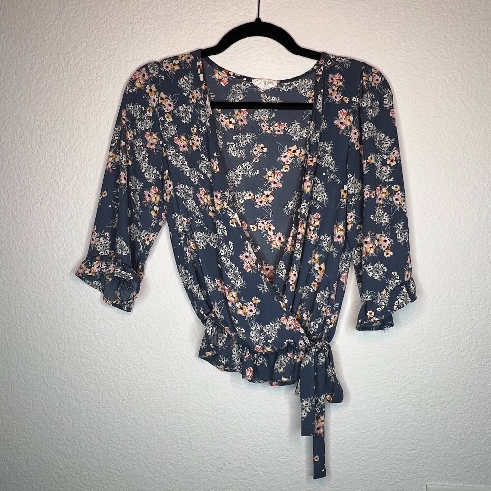 Sienna Sky Faux Wrap Blue Floral 3/4 Sleeve Crop Top